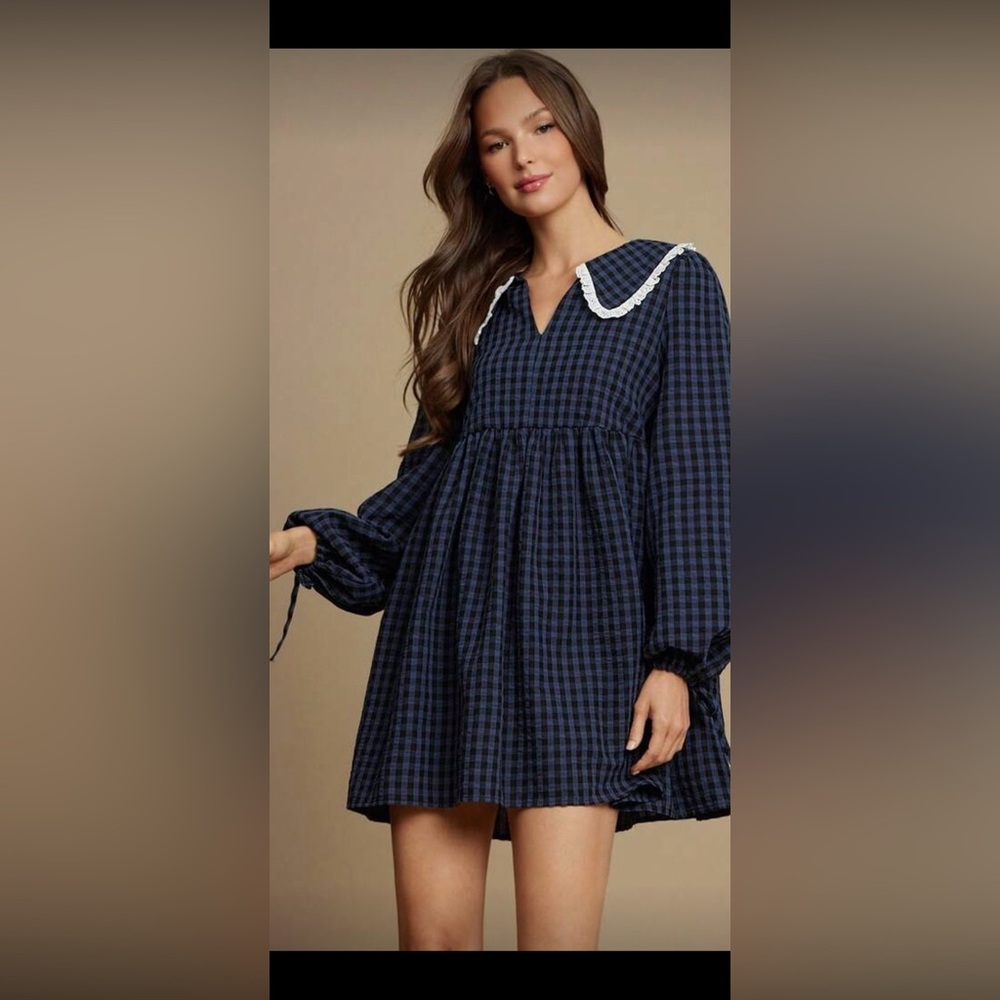 SHEIN Navy Plaid Dress with White Trim